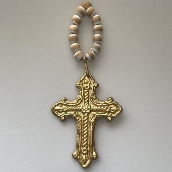 NEW IRON CROSS GOLD BEADED DECOR HOME - Picture 3 of 6